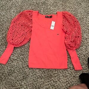 New York & Company Pink Ruffled Fitted Blouse with Sheer Puff Sleeves